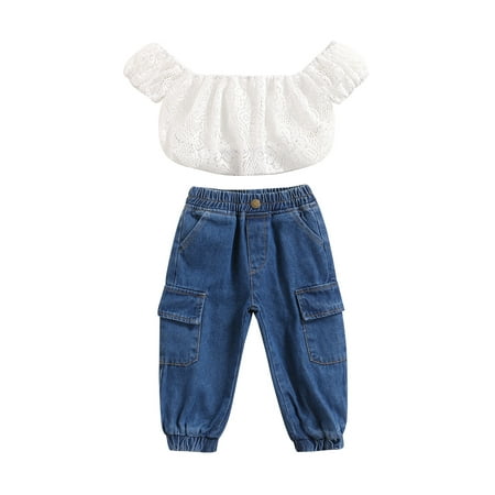 

Sunisery Summer Kids Infant Baby Girls Outfits Off Shoulder Hollow Short Sleeve Crop Tops + Jeans Denim Pants Set White 4-5 Years