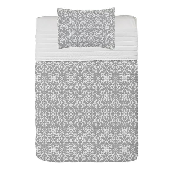 Irish Microfiber Bedspread Set, Royal Antique Floral Curves Old Fashioned Style Folkloric Tile, Soft Bedding Set with Pillow Shams & Comforter, 3 Sizes, Grey and White, by Ambesonne