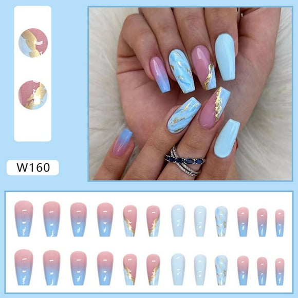 POINTERTECK 24Pcs Blue False Nails Evening Sunset Mid-Length Fake Nails for Women Girls Jelly Glue