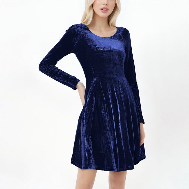 BangWanChi Velvet Dresses for Women 2026 Women's Casual Temperament French  Slit Mid-length Round Neck Knitted Dress Navy XXL - Walmart.com
