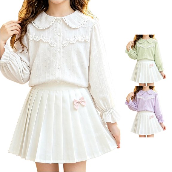 GobdXE Girls Solid Swiss Dot Lace Peter Pan Collar Puff Long Sleeve Flounce Cuff Button Up Blouse White,8-9 Years