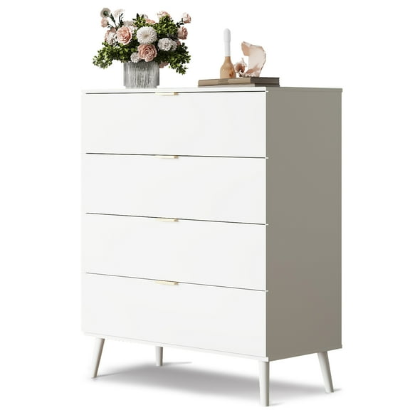 GALAXHERO 4 Drawer Dresser for Bedroom, Wood Chest of Drawers, Organizer Unit with Metal Handle for Living Room, Closet, Hallway, White