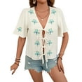 thumbnail image 3 of Women'S Tie Front Cardigan Short Sleeve Crochet Knit Color Block Summer Sweater Tops Apricot S, 3 of 9