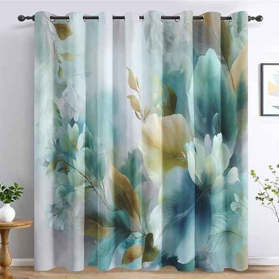 Teal Blue Floral Blackout Curtains for Bedroom, Thermal Botanical Floral Curtains, Grommet Drapes Window, Teal Blue Flower Room Decor Living Room 42"W x 96"L (Pack of 2)