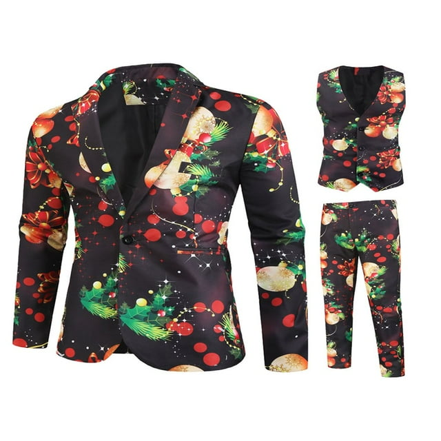 Fun Ugly Christmas Costumes For Men Lapel One Button Blazer Jacket Vest Pants Set Christmas Print Party 3PCS Suit Black