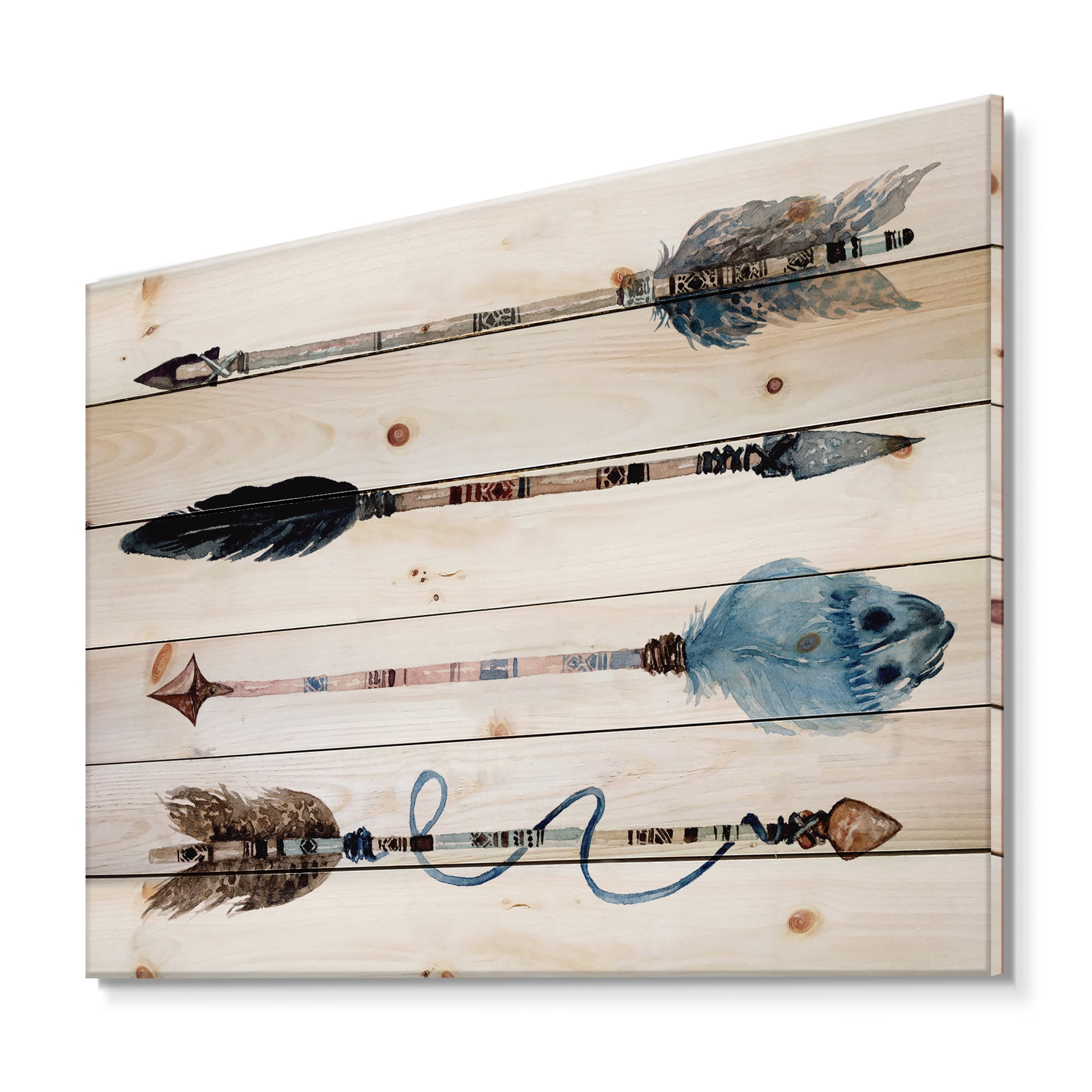 Designart 'Flowers and Ethnic Feathers On Native Arrows IV' Bohemian & Eclectic Print on Natural Pine Wood