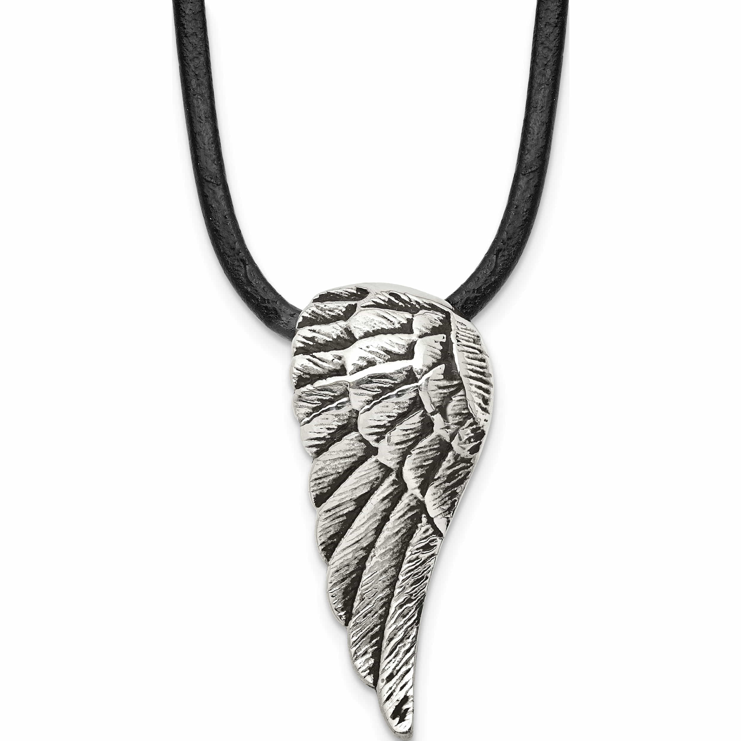 Stainless Steel Antiqued And Polished Wing With 20In Leather Cord Necklace Made In China -Jewelry By Sweet Pea