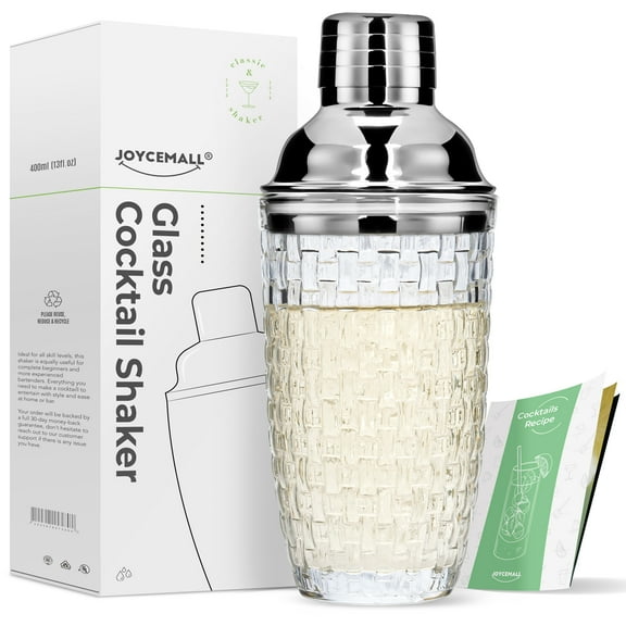 Glass Cocktail Shaker Kit, JOYCEMALL 13 Ounce Martini Mocktail Making Set with Leakproof Metallic Steel Lid & Strainer for Home Use & Bar Cart - Silver