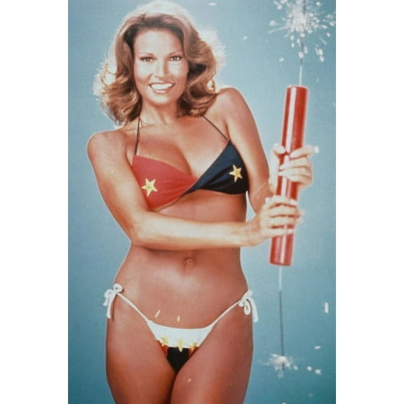 Raquel Welch 24x36 Poster holding huge firecracker in stars and stripes bikini!