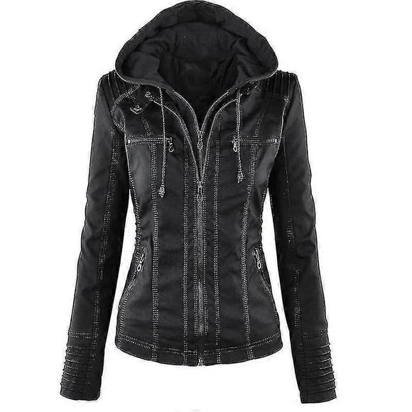 Women Motorcycle Hooded Pu Leather Biker Jacket Coat Outerwear