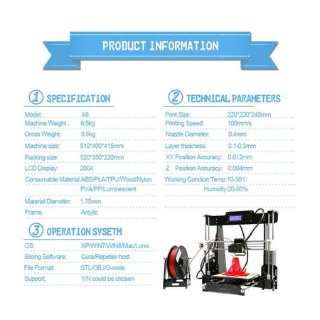Anet A8 3D Printer Prusa I3 DIY Kit Aluminum Frame Large Print Size 220x220x300mm Self-Assemble impresora 3d Printer Kit+Gifts