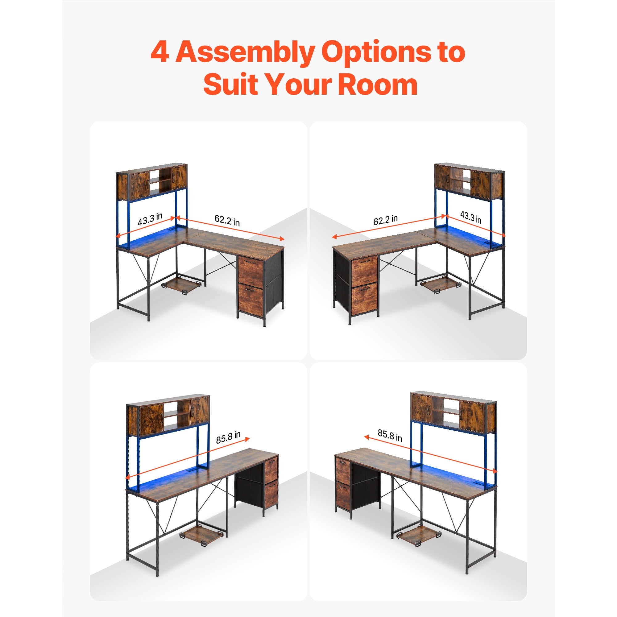 KFFKFF L-Shaped Gaming Desk with LED Lights, 62.2-inch Reversible Corner Computer Desk with Power Outlets, Adjustable CPU Stand & Storage Drawers, Modern PC Gaming Table for Home Office
