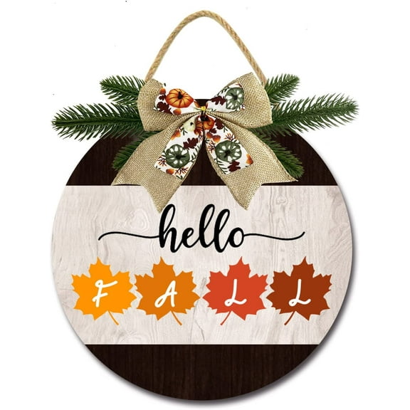 Eveokoki 12" Funny Hello Fall Signs for Front Door Farmhouse Porch Rustic Round Wooden Hanging Wreaths for Housewarming Gift Festival Decoration Outdoor Indoor Wall Decor