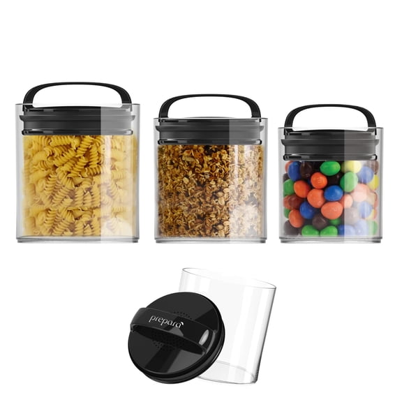Prepara Evak Fresh Saver Short Vacuum Seal Canisters, Assorted Sizes - Grip Handle Lid, BPA Free Twin-Valve Airtight Jar for Coffee, Tea, Snacks - Pantry Organizer & Compact Kitchen Storage (3-Pack)