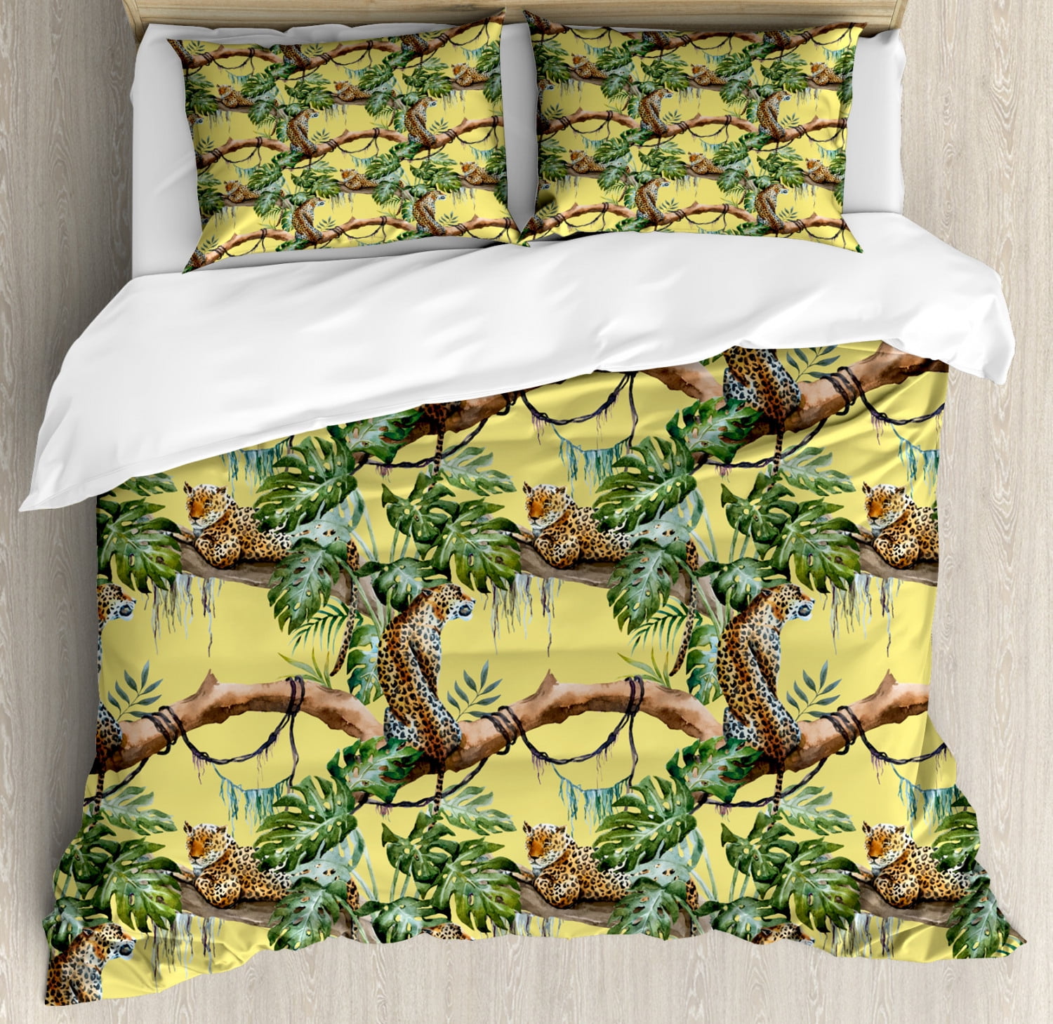 Watercolor Duvet Cover Set Leopards In The Jungle Tropical Scene
