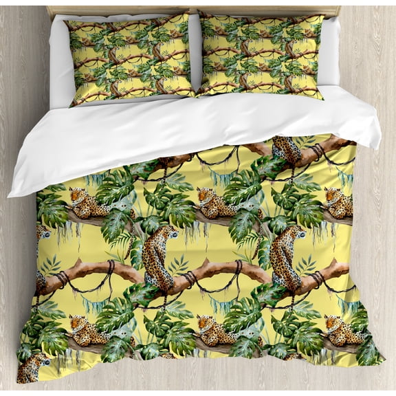 Watercolor Duvet Cover Set Queen Size, Leopards in the Jungle Tropical Scene Tree Branches and Leaves, Decorative 3 Piece Bedding Set with 2 Pillow Shams, Yellow Green Pale Yellow, by Ambesonne