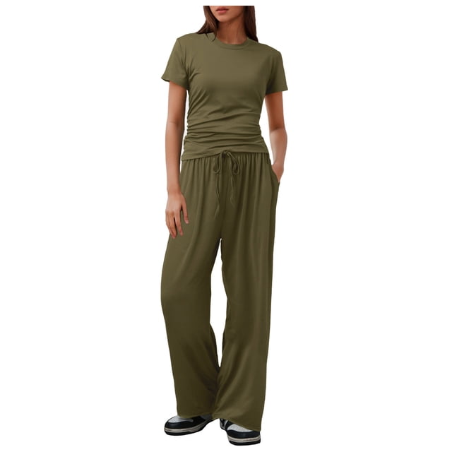 Fgnfyis Women 2 Piece Casual Suit Pleated Short Sleeve Top and High Waisted Wide Leg Pants Tracksuit Set Two Piece Sets for Women Short Sets for Women Green L