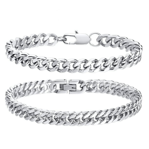 Pulseras de hombre de acero inoxidable para niños, 2 piezas, cadena de eslabones, 19 cm