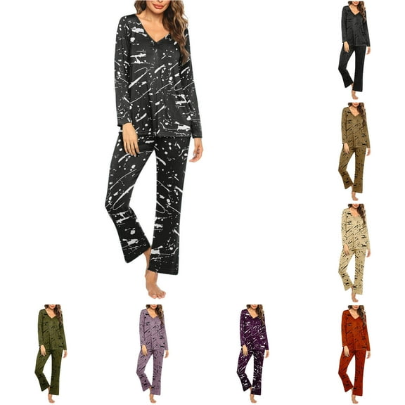 VBTAPA Womens Pajama Sets Soft Sleepwear Printed Long Sleeve V Neck Top and Long Pants Matching Pjs Set 2 Piece Loungewear Brown XXL