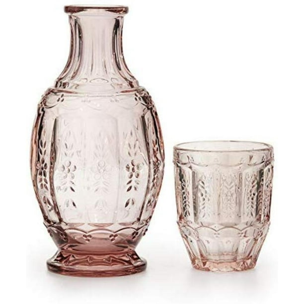 Pink/Purple Vintage Bedside Night Carafe Set with Glass Tumbler Perfect