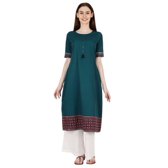 Phagun Solid A-Line Kurtis For Women Poly Crepe Short Sleeve Buttoned Long Ethic Kurta