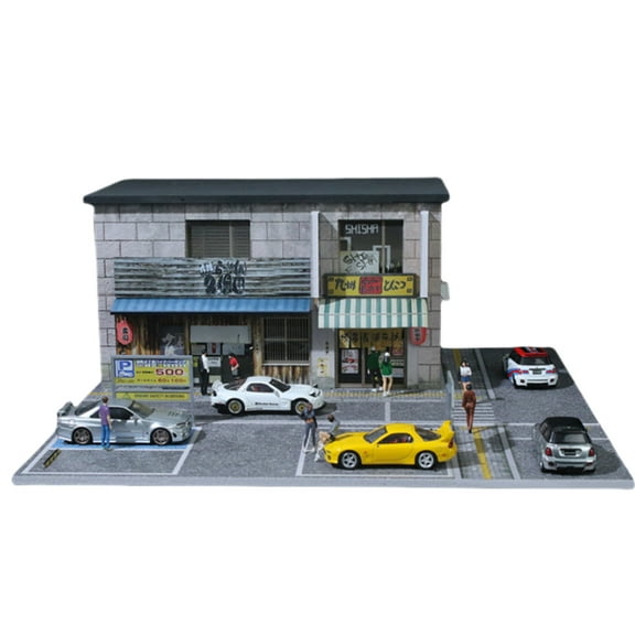 Diorama 1/64 Scale Car Garage Model ,LED Lighting City Street Restaurant Building Scene Display Model for Home Decor Collection Gift Toys