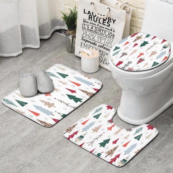 Multicolor Christmas Tree Pattern Bathroom Rugs Sets 3 Piece,Toilet Cover Set,Absorbent Non Slip Bathroom Mats Sets with U-Shaped Contour Rug Toilet Rug Set