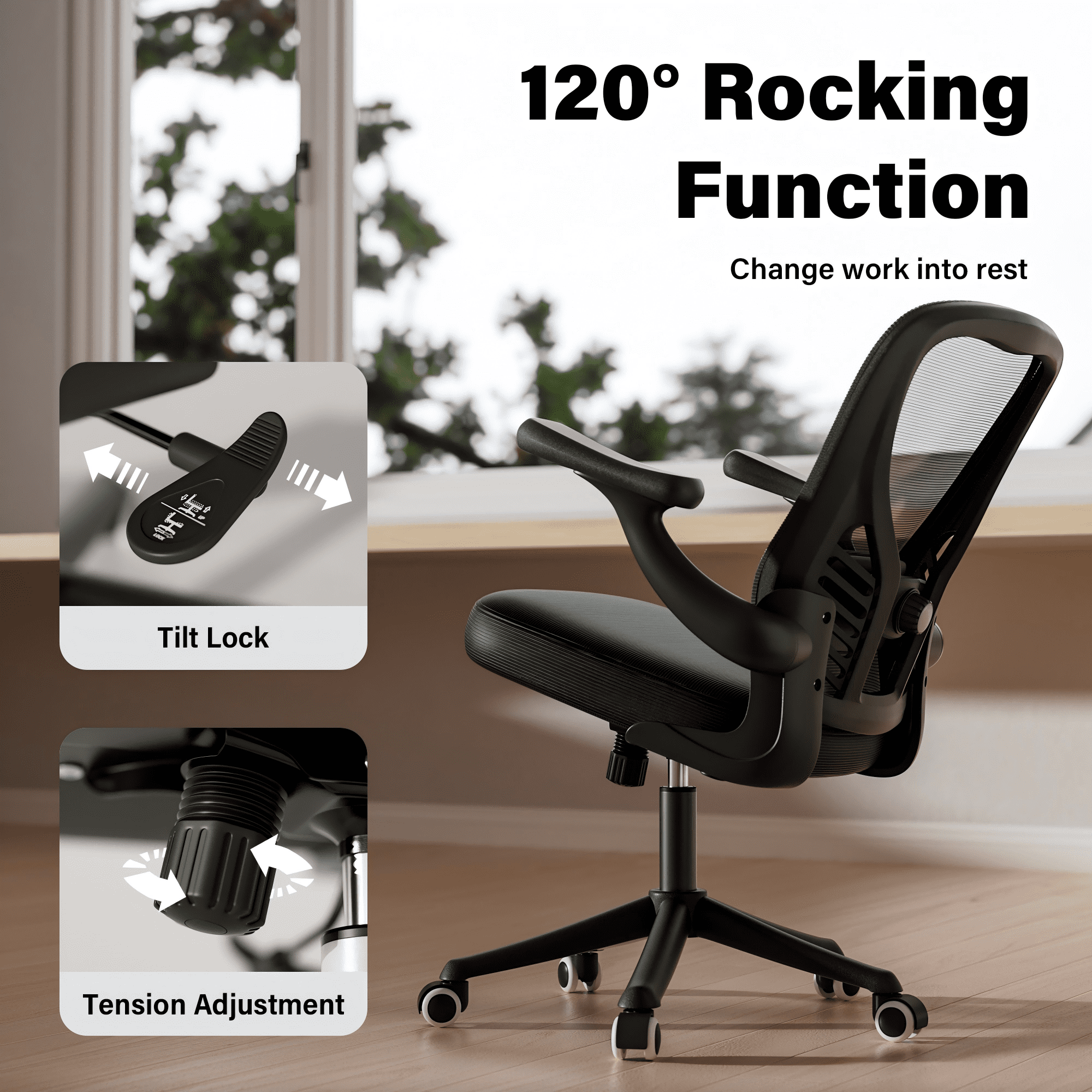 HomeZeer Mesh Middle Back Home Office Desk Chair with Caster and Flip-up Arms, Black