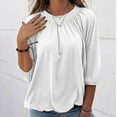 thumbnail image 4 of White T Shirts For Women's Fashion Solid Round Neck T Shirt Blouse 3/4 Sleeve Loose Pleated Tops, 4 of 9