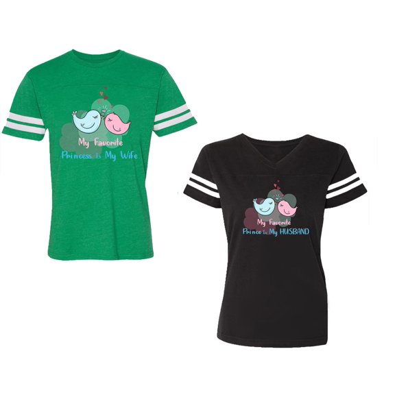 My Favorite Prince Princess Is My Husband Wife Unisex Couple Matching Cotton Jersey style T-Shirt Contrasting stripes on sleeves (Men Green / Women Black) (Men S / Women S)