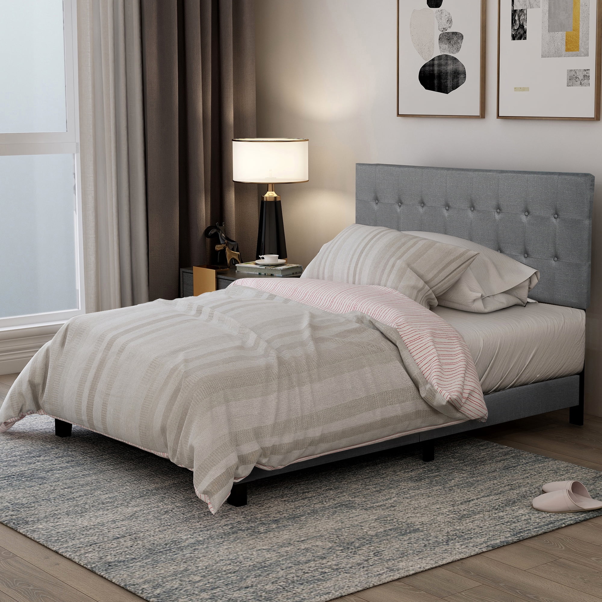 Gray Full Bed Frame with Headboard, Modern Upholstered Platform Bed