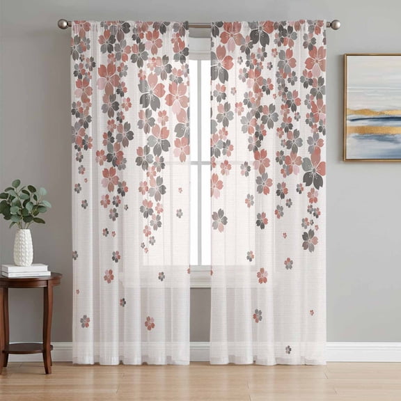 Spring Floral Sheer Curtains 108 Inch Length 2 Panels Set, Red Gray Cherry Flowers Blossom Beige Voile Window Treatment Semi Sheer Long Curtains Drapes for Bedroom/Living Room/Kitchen 52"x108"x2