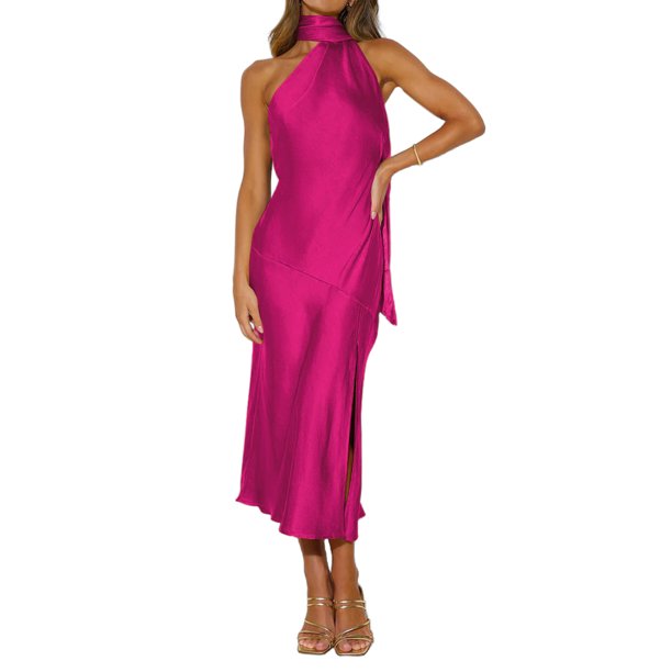 Vestidos de Fiesta Elegantes para mujer Vestido dividido de fiesta sexy de satén sin espalda Cgtredaw Rosa roja T L para Mujer