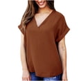thumbnail image 3 of Scyoekwg Graphic Tees for Women Summer Trendy Classic Solid Color Casual Short Sleeve Tshirt Plus Size V-Neck Button Roll Up Sleeve Loose Comfy Blouse Going Out Tops T Shirt (Coffee,XXL), 3 of 6