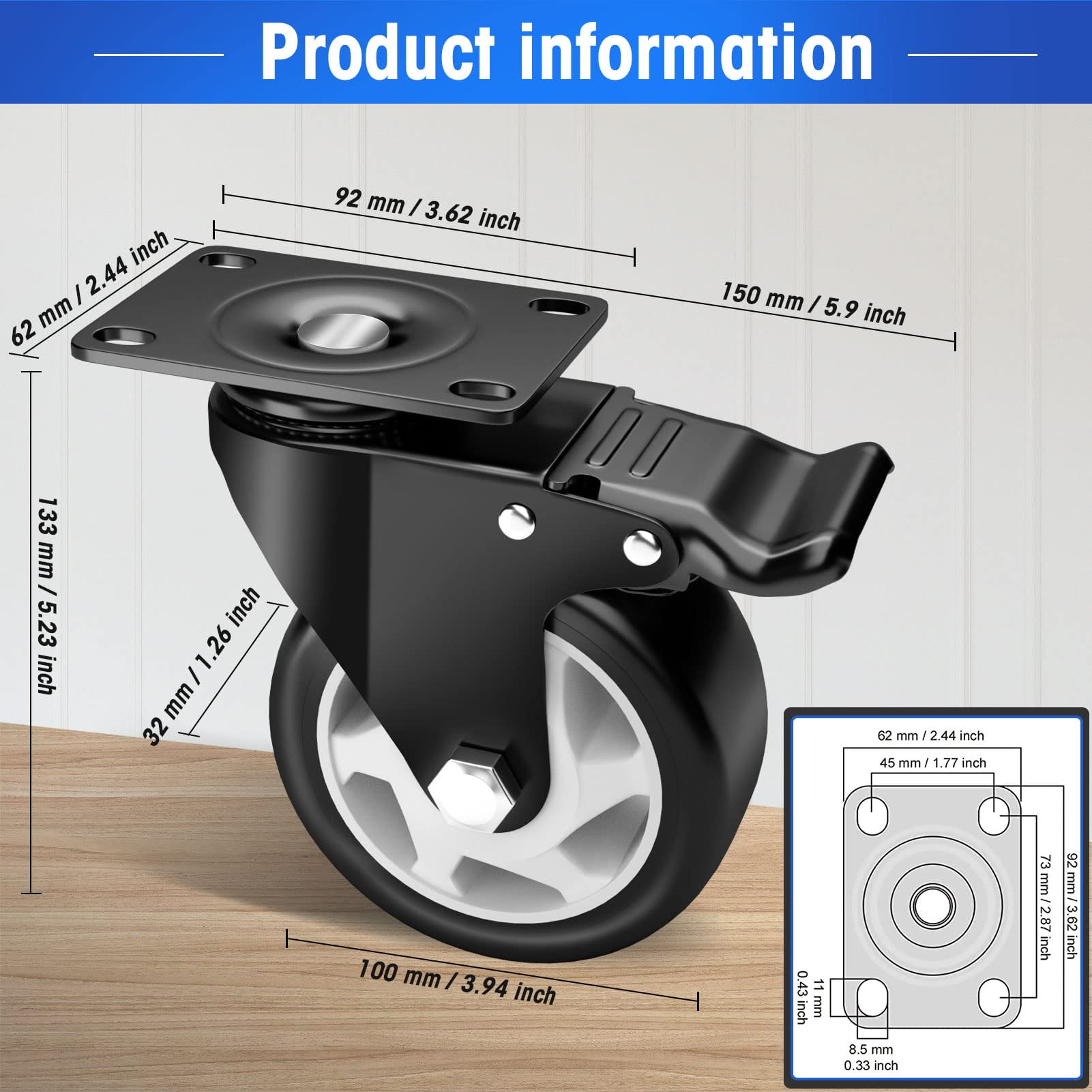 ASHGOOB Caster Wheels, 4 Inch Casters Set of 4 Heavy Duty - Black Polyurethane Castors, Top Plate Swivel Wheels, 4-Pack Industrial Casters with Brake, Locking Casters for Furniture and Workbench