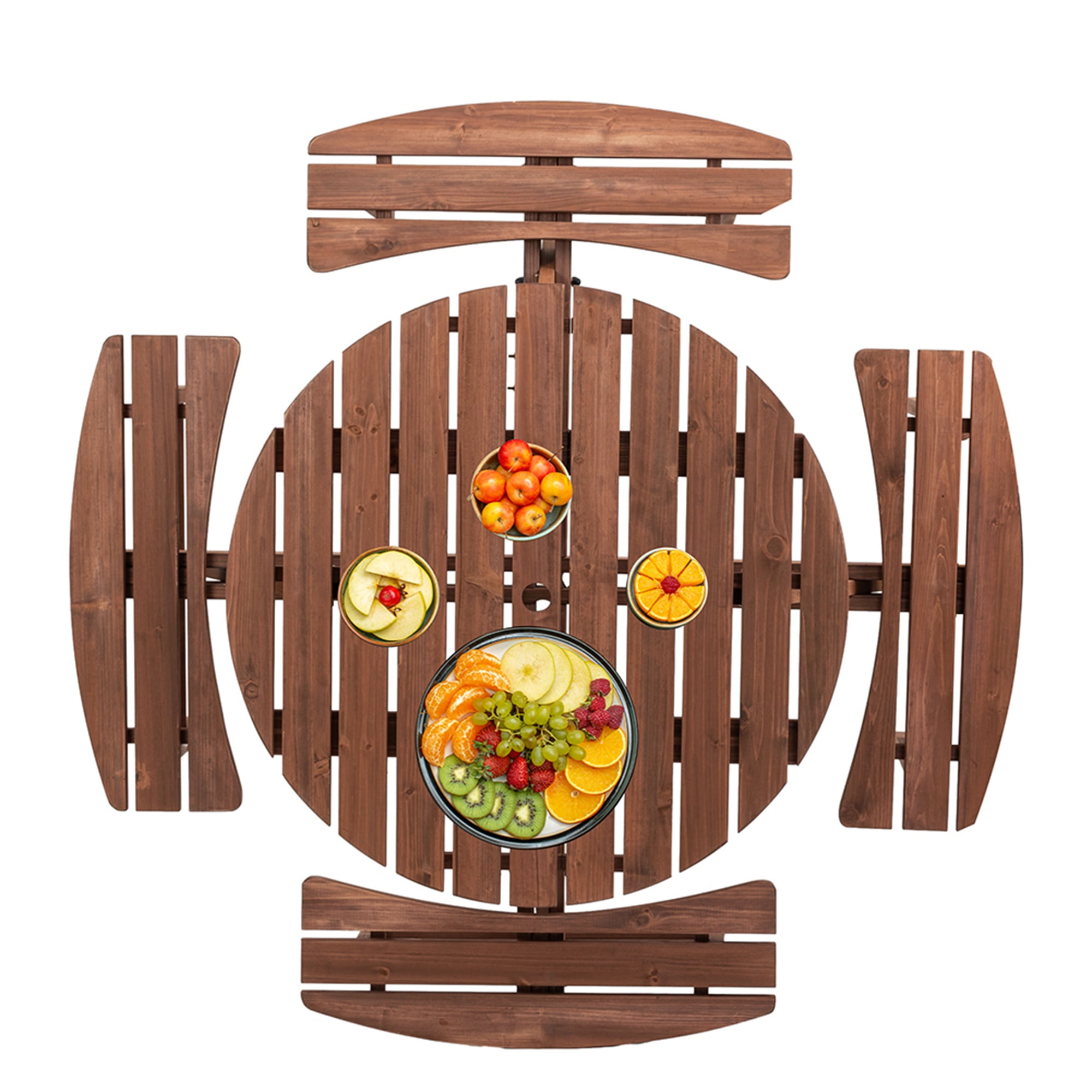 Aimee Lii 8-Person Outdoor Circular Wooden Picnic Table with 4 Built-in Benches for Patio Backyard Garden, Brown Aimee Lii 8-Person Outdoor Circular Wooden Picnic Table with 4 Built-in Benches for Patio Backyard Garden, Brown
