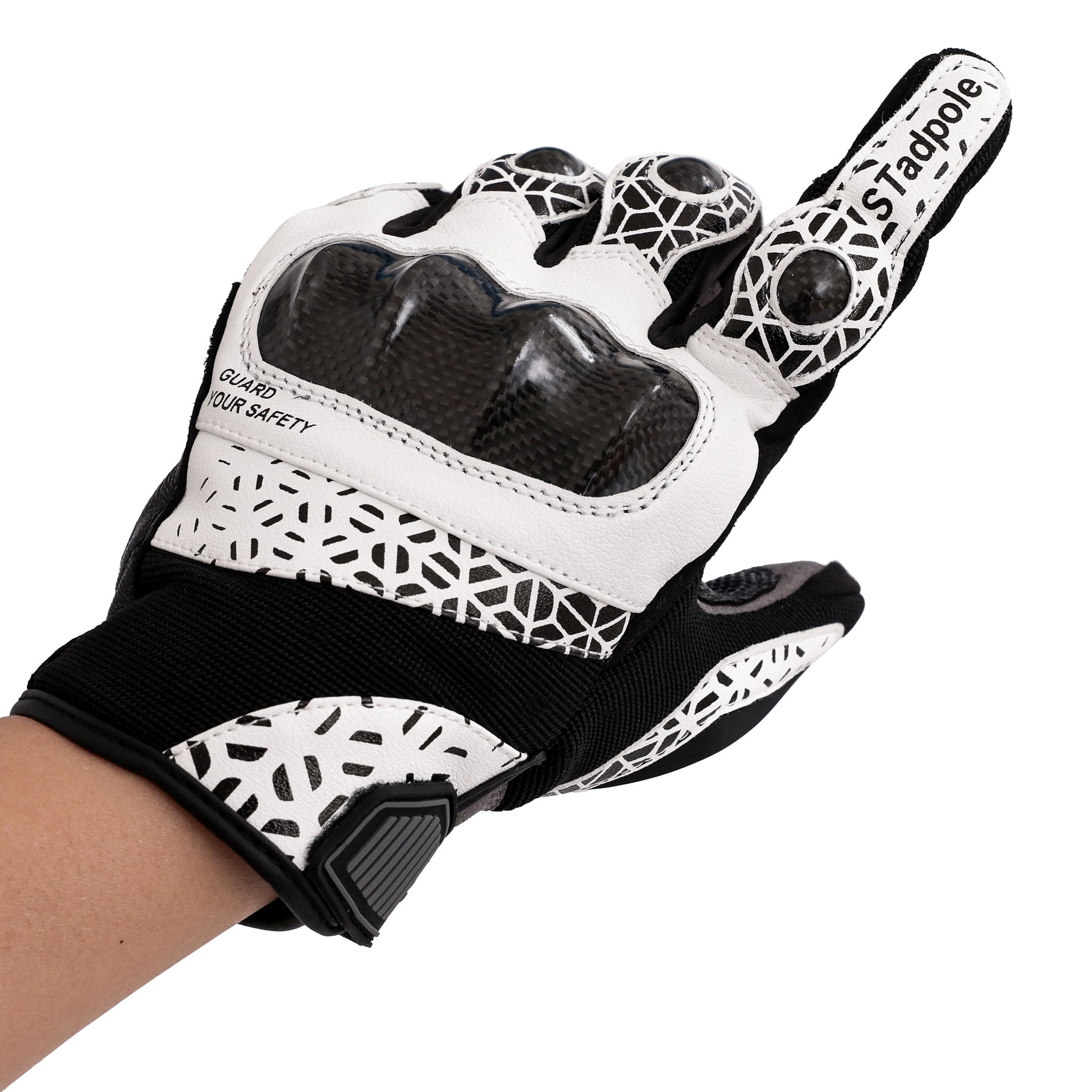 Motorcycle Gloves for Men Hard Knuckle Touchscreen Full Finger Leather Gloves Protection Riding Driving, White + Black