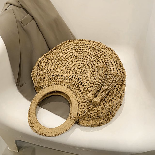 Bolsas Con Asa Superior Bolso de playa redondo de verano Bolso tejido a mano con borlas de gran capacidad (marrón claro)