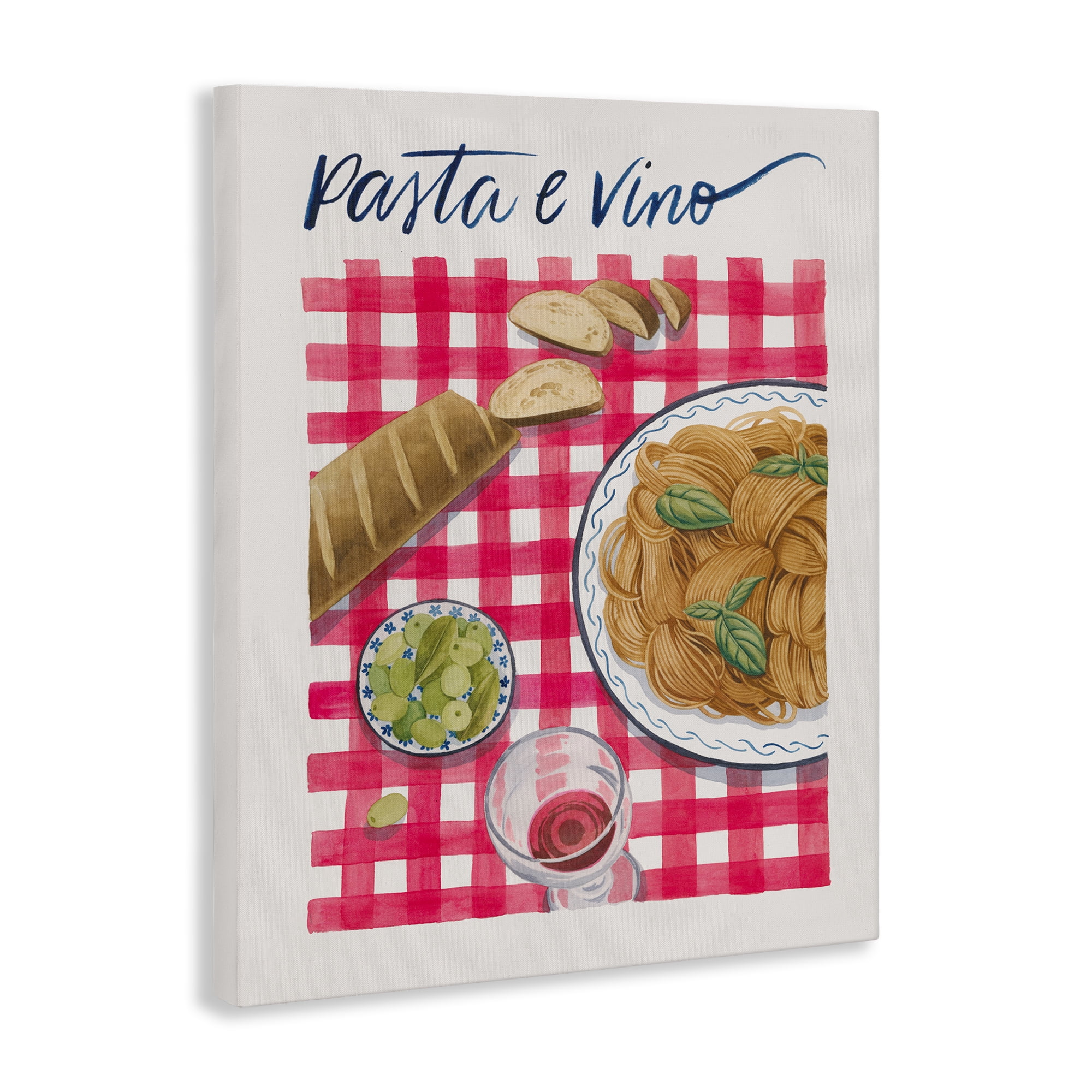 Stupell Industries Pasta & Wine on Tartan Food & Beverage Painting Wrapped Canvas Art Print Wall Art, 16 x 20