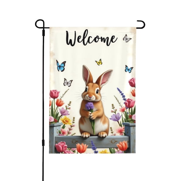 Welcome Spring Garden Flag 12x18 Inch, Double Sided Cute Bunny Rabbit Holding Flowers And Butterflies Yard Flag, Outdoor House Lawn Decoration Banner, Seasonal Farmhouse Decor