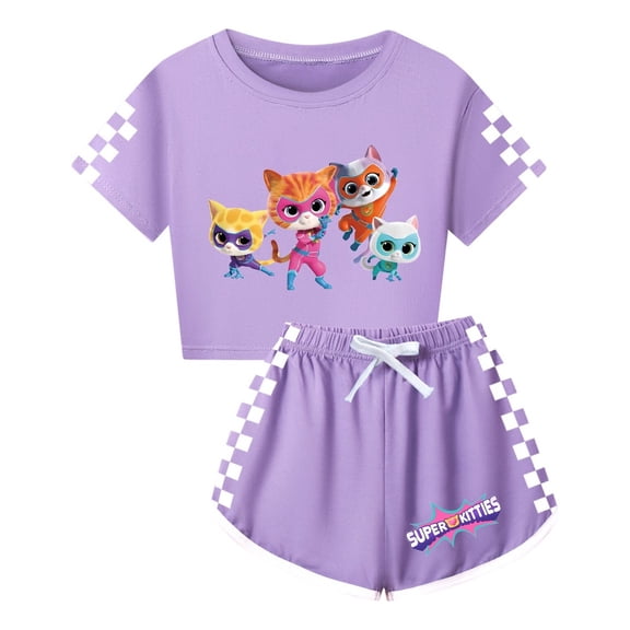 Girls Cartoon Cat 2-Piece T-Shirt Outfit Set – Kids SuperKitties Short Sleeve Tee and Drawstring Shorts