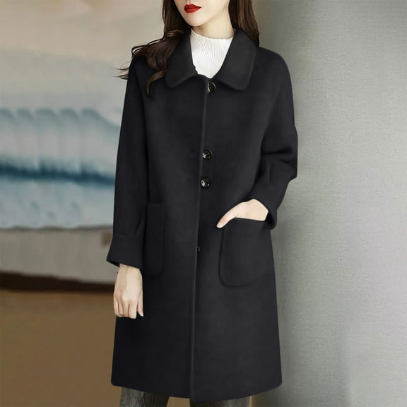 Sokhug Womens One-Tone Trendy Mid-Length Woolen Loose Coat Winter Warm Outerwear Jacket