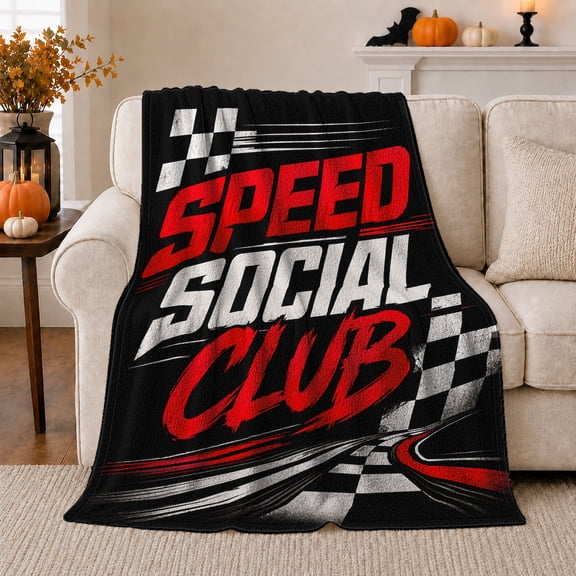 Speed Social Club Quote with Racing Flags, Bold Motorsport Style for Racing Fans and Birthday Gift, Cozy Flannel Blanket for Garage Lounge and Bedroom, Home Decor