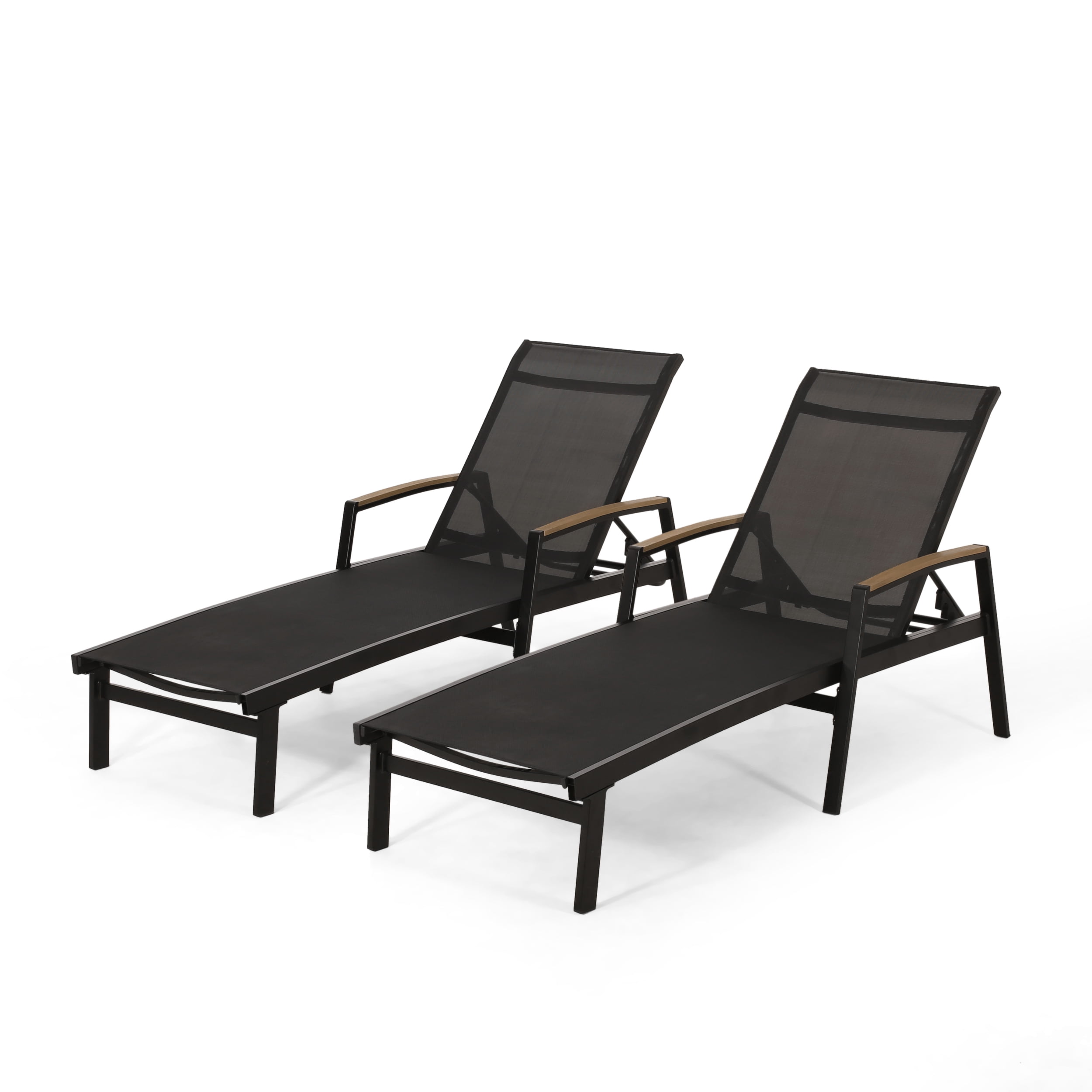 Joy Outdoor Aluminum Chaise Lounge with Mesh Seating, Set of 2, Black