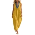 thumbnail image 2 of Qulqfy Cotton Linen Summer Dresses for Women 2026 Boho Yellow Casual Maxi Sleeveless Plain Strapped Swing Loose V-Neck Flowy Beach Long Dresses with Pockets M, 2 of 7