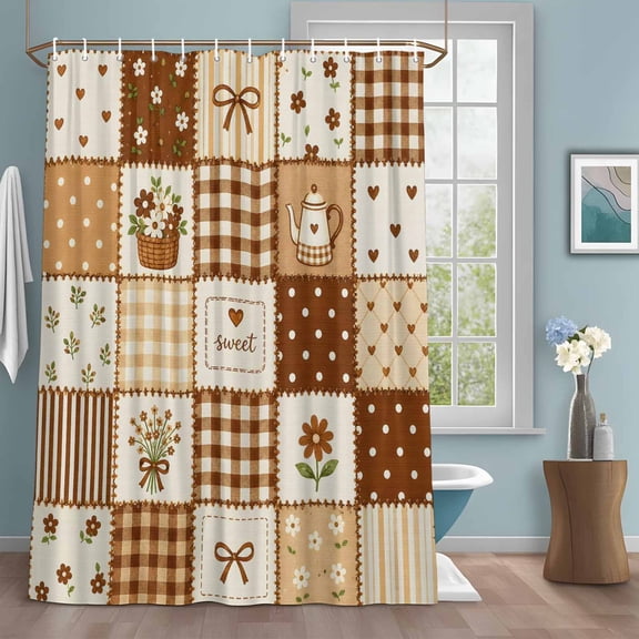 Brown Patchwork Shower Curtain with Hooks, Country Farmhouse Flowers Love Heart Stripe Plaid Water Repellent Shower Curtains for Bathroom Decor Sturdy Shower Curtain, Machine Washable 36x72 Inch
