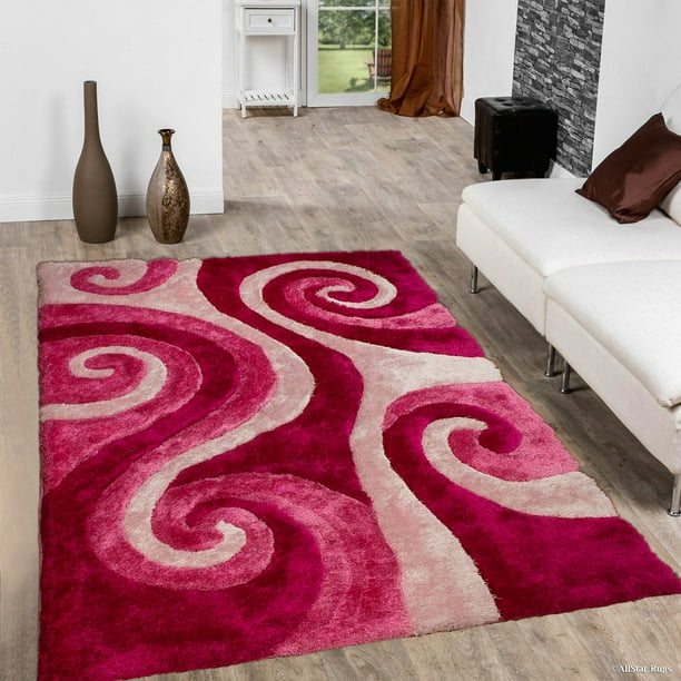 Allstar Pink Shaggy Area Rug with 3D Spiral Design. Contemporary Formal