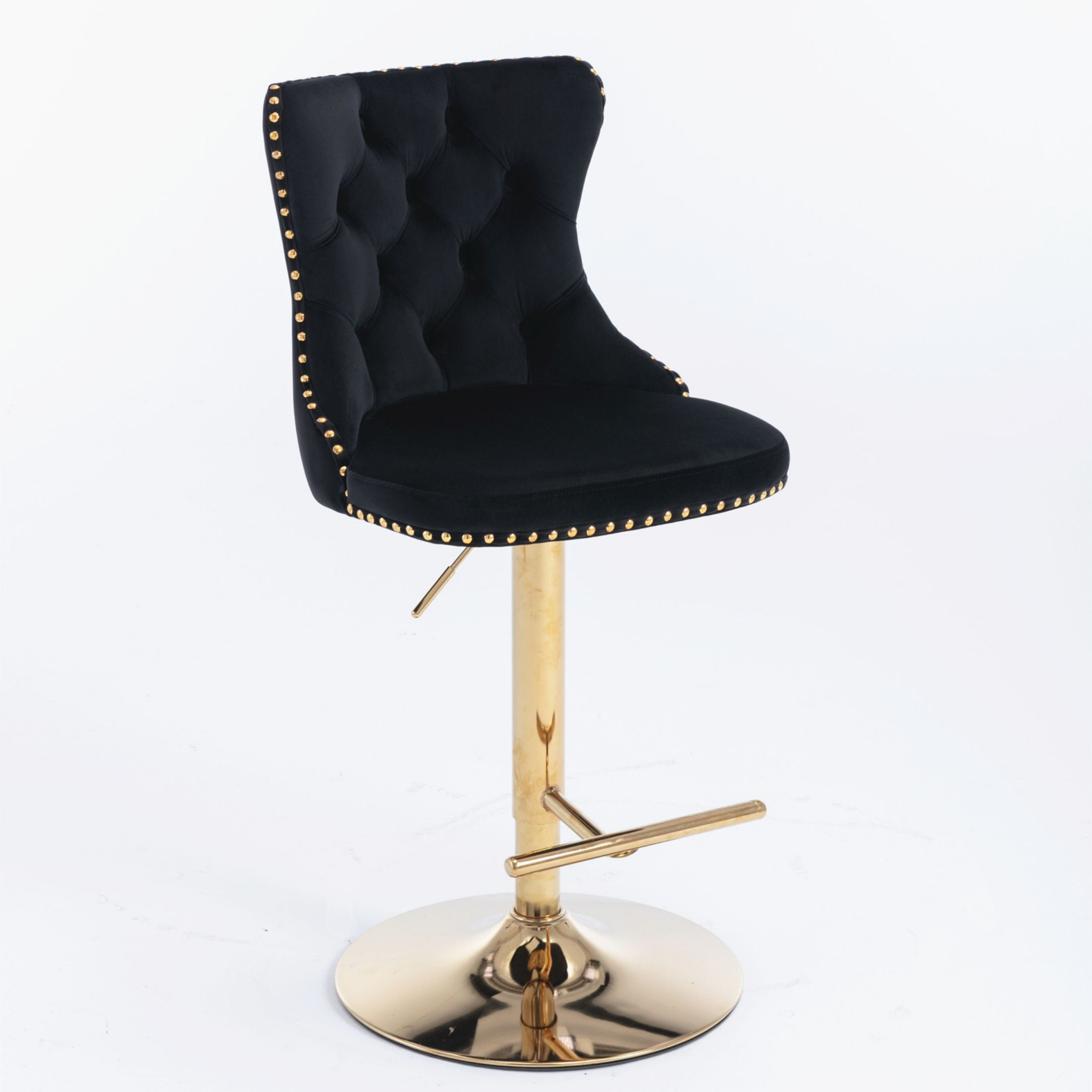 PORKISS Bar Stools Set of 2, Gold Velvet Swivel Barstools with Tufted Backs and Footrests, Upholstered Adjustable Seat From 25" to 33" for Home Pub, Kitchen Island, Black