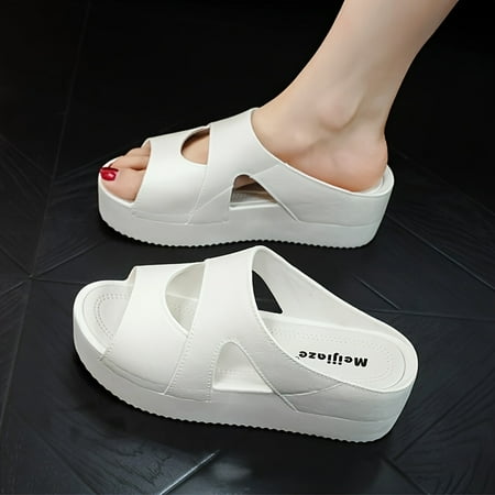 

High Heel Platform Slippers for Women - Comfy Strappy Back Round Toe Slides with Solid Color Cut Out Design Slip-on Closure PVC Upper Insole and Sole - Perfect for Indoor and Outdoor Wear