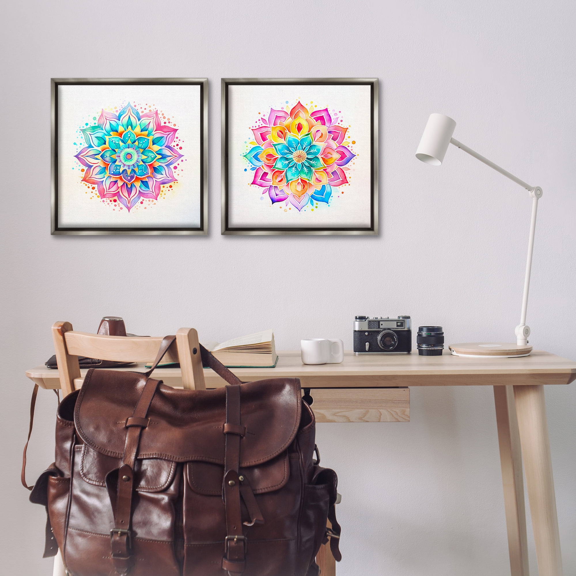 Stupell Industries Bright Boho Mandalas Abstract Painting Gray Floater Framed Canvas Art Print Wall Art, 18 x 18, Set of 2